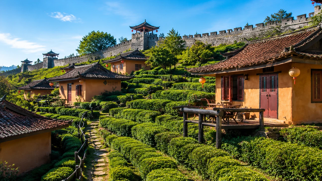 Террасы чайных плантаций и китайская крепостная стена резорта Lee Wine Rak Thai в деревне Бан Рак Тай